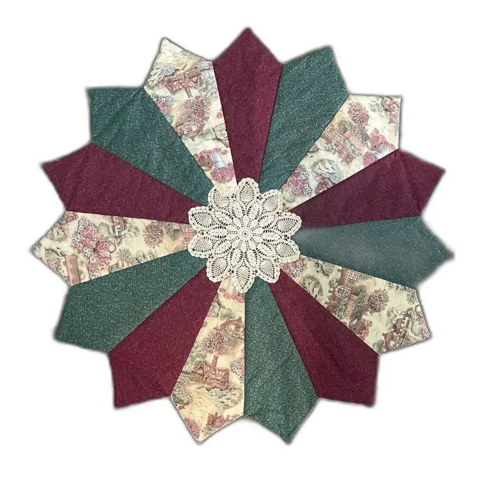 Green Red Lace Christmas Dresden Handmade Plate Quilt Block 32
